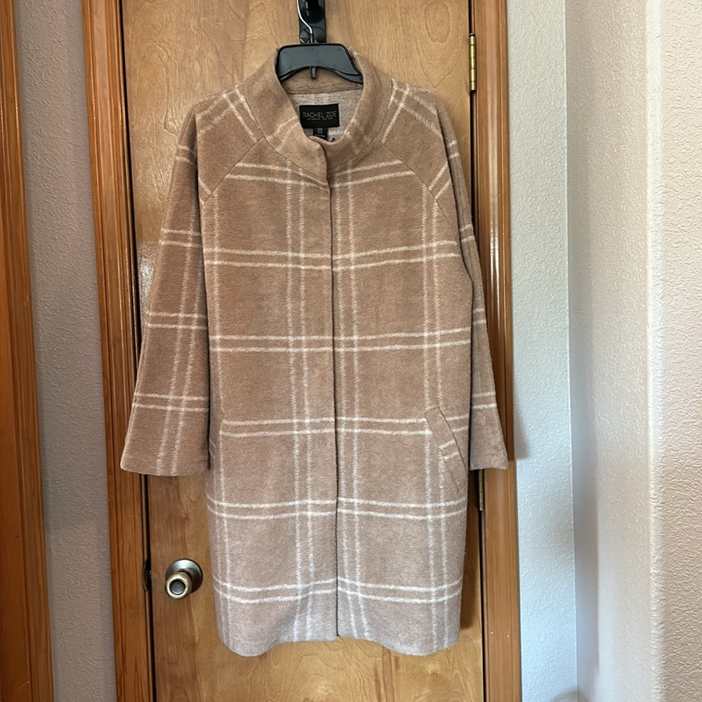 Rachel Zoe long Fall Winter Spring brown cream wool plaid coat jacket
